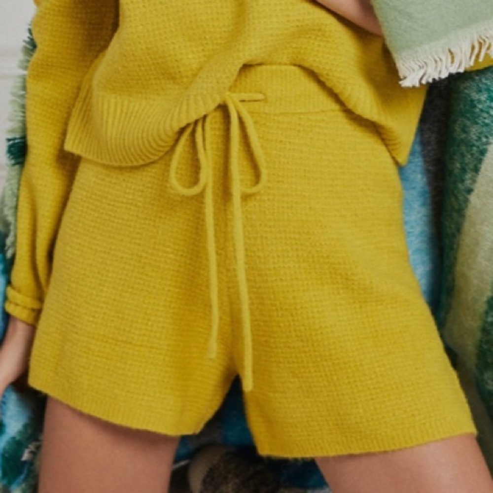 NEW Anthropologie Saturday Sunday Brenna Cozy Lounge Waffle Knit Mustard Shorts